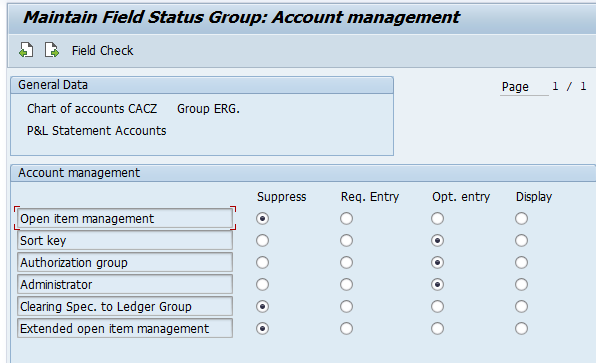 SAP field status group Account Management with authorization group field set to optional entry