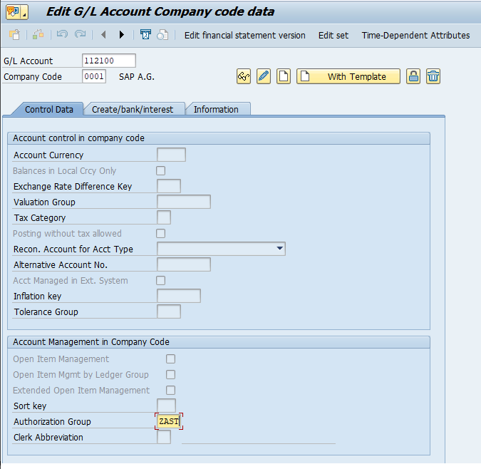 SAP FS00 G/L Account master record showing authorization group BEGRU field in company code data