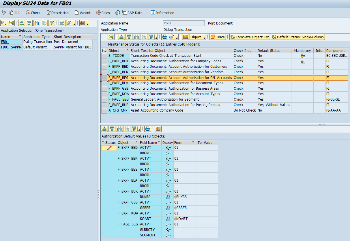 SAP SU24 authorization object check configuration for FB01 with F_BKPF_BES set to Check
