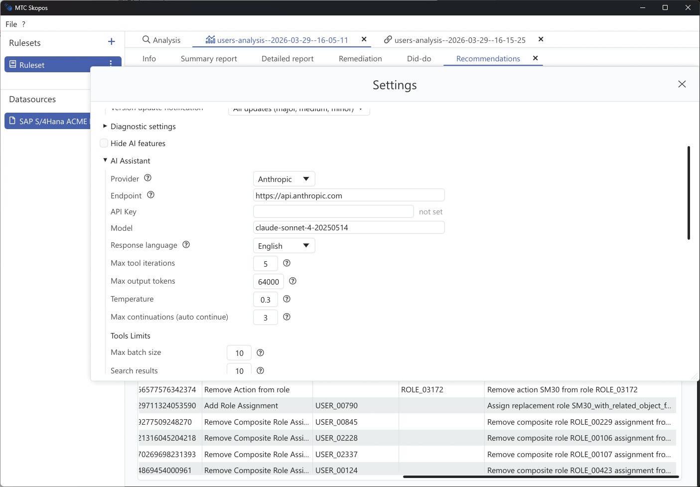 AI Assistant configuration screen