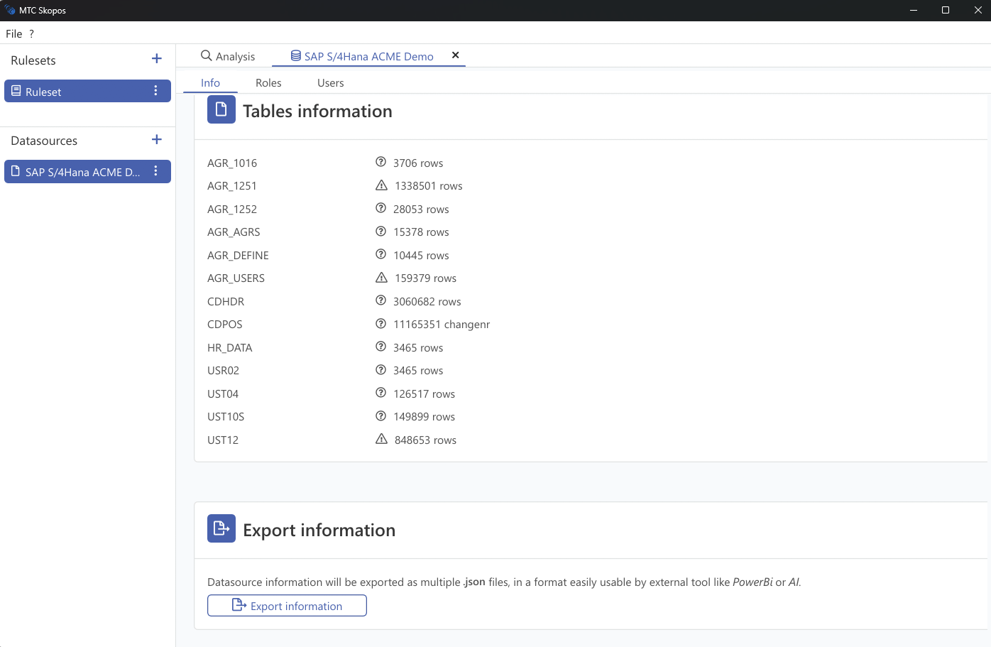 Exporting data source information