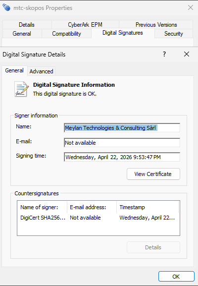 mtc-skopos.exe Properties → Digital Signatures tab showing Meylan Technologies & Consulting Sàrl as signer