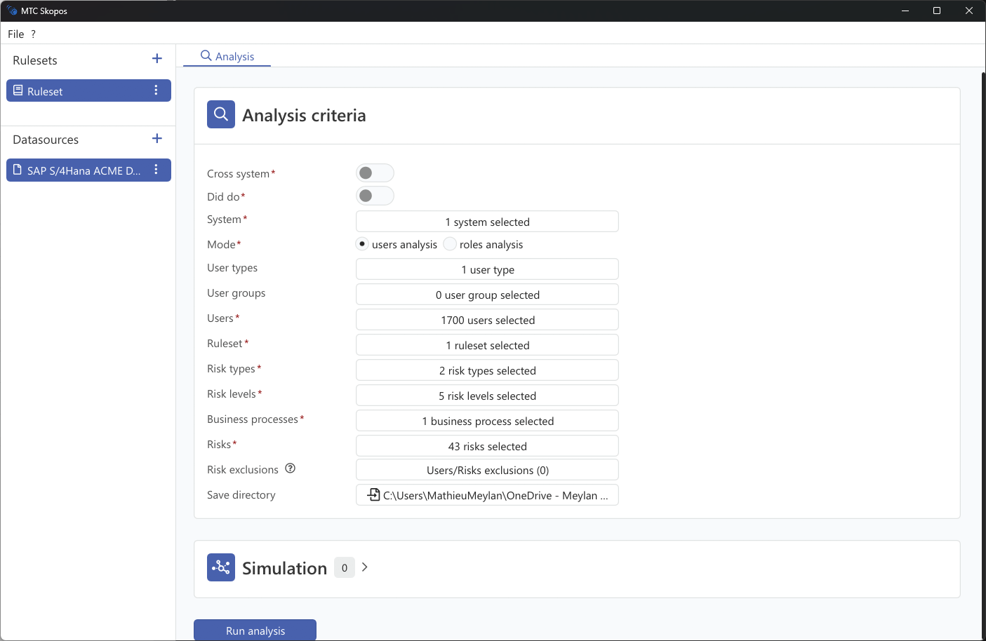 User analysis configuration
